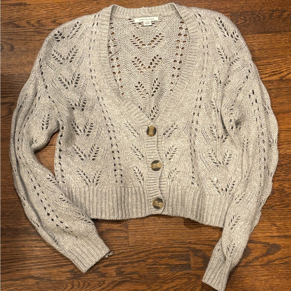 American Eagle Outfitters Light Gray Button-Up Cardigan